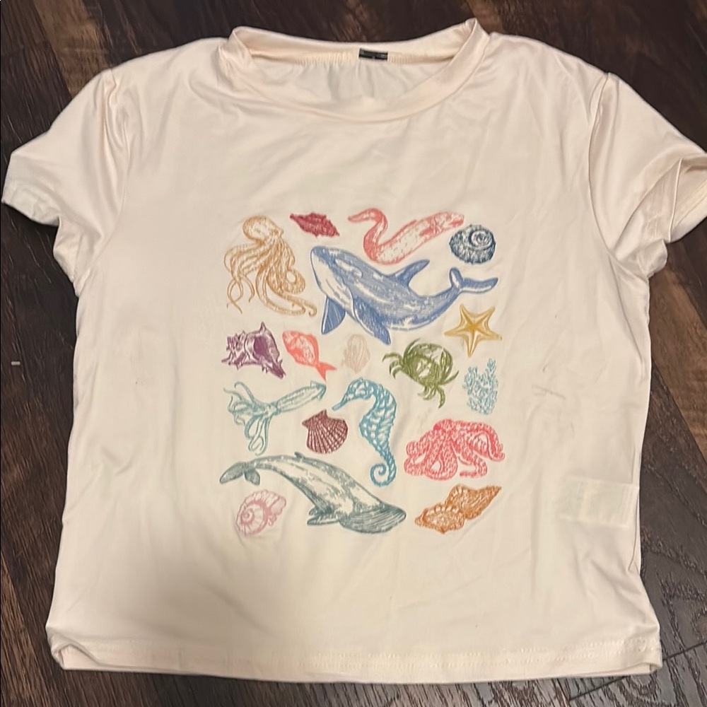 Cream Graphic Tee with Sea Life Design